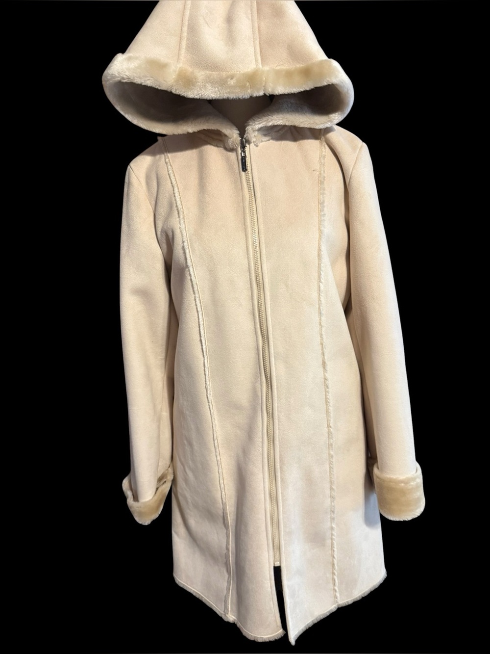 Gloria Vanderbilt Faux Shearling Coat M Ivory Hooded Faux Suede Y2K Zip Jacket